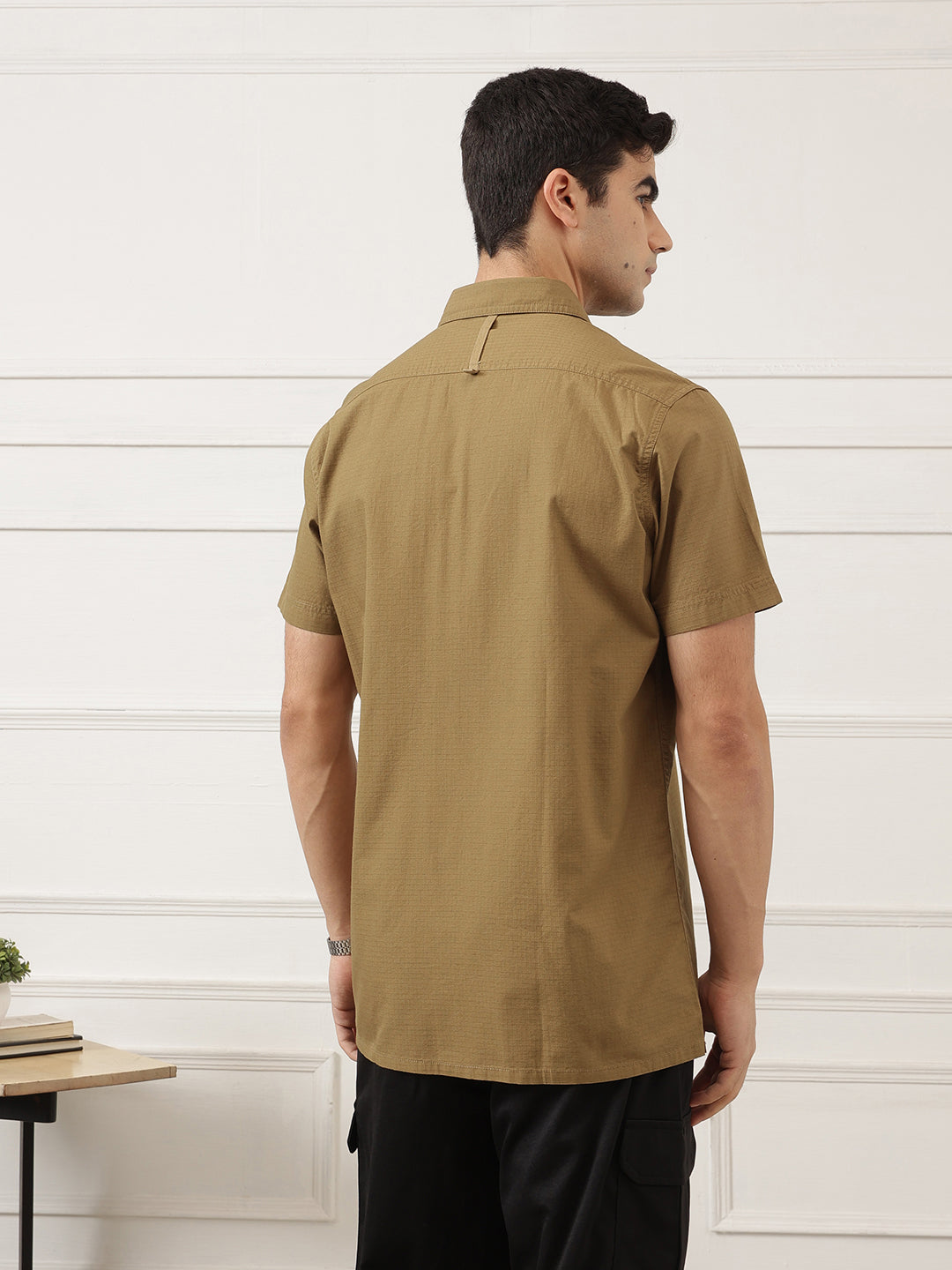 Khaki Premium Regular Fit Short Sleeves Spread Collar Textured Casual Shirt For Men
