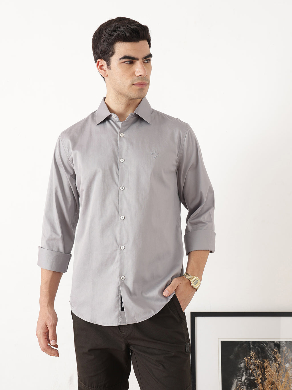 Grey Premium Slim Fit Solid Cotton Casual Shirt For Men