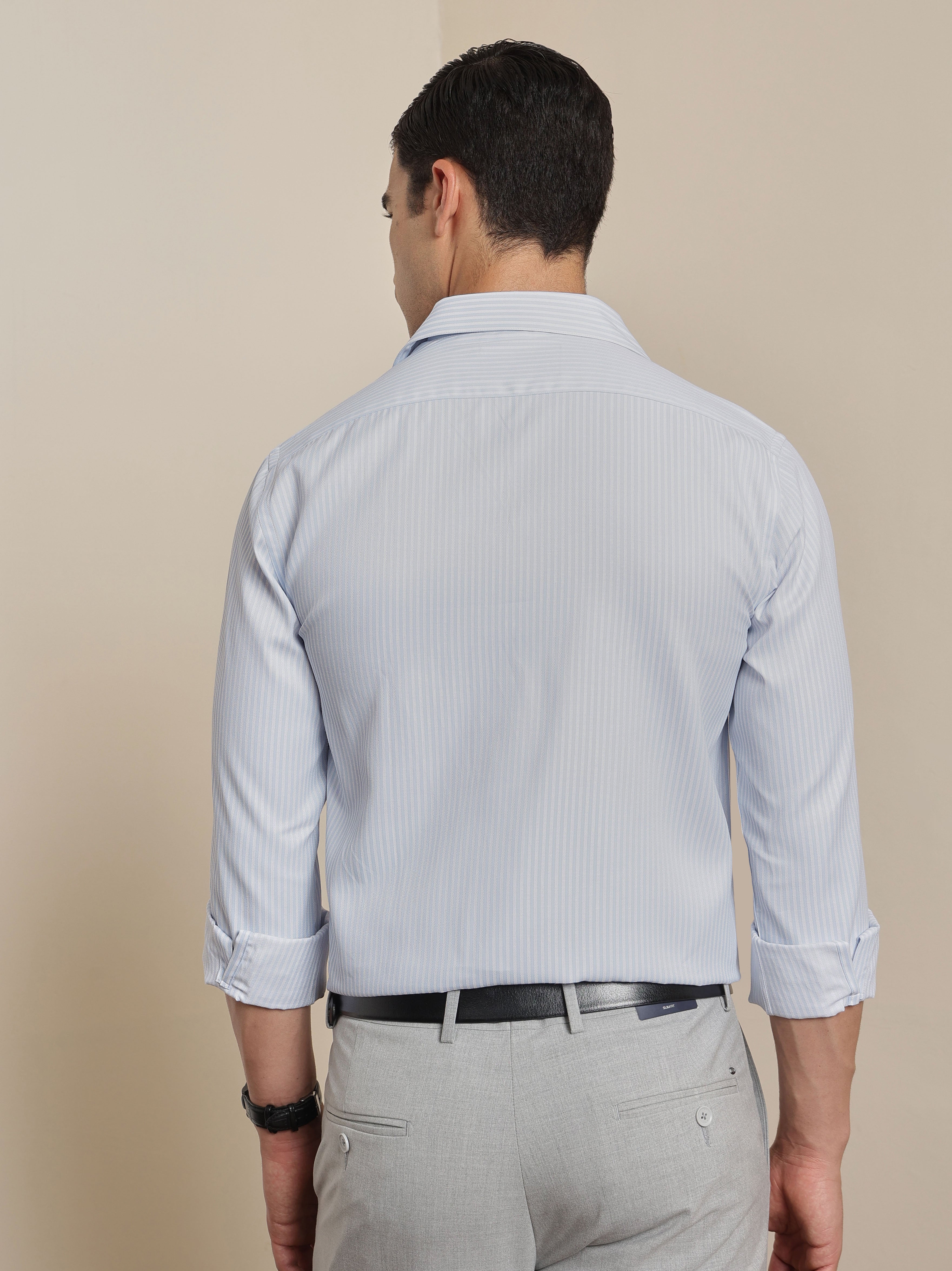 Thomas Scott Men Smart Blue Regular Fit Long Sleeves Semi Cutaway Collar Pinstripes Formal Shirt