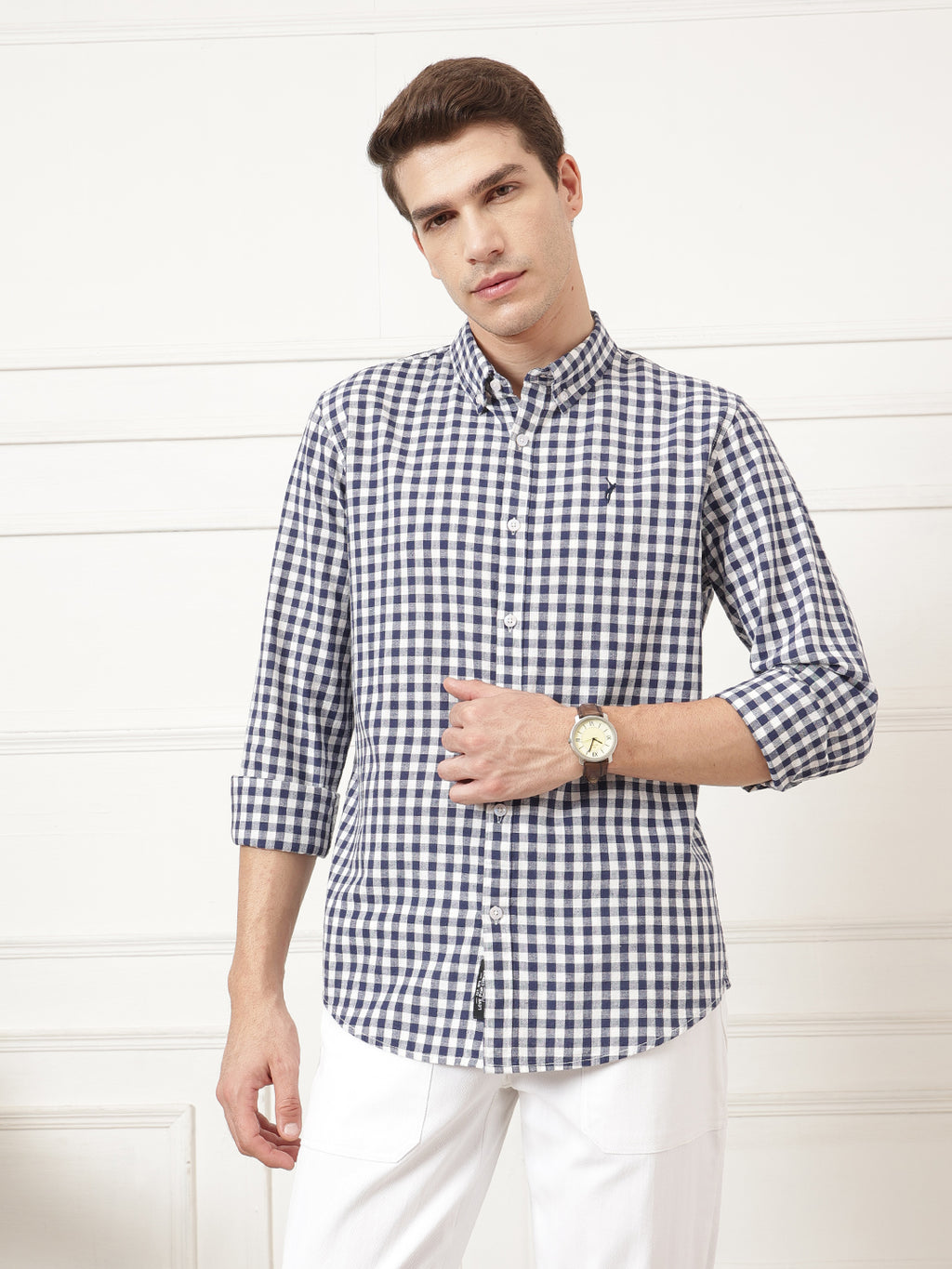 Navy Premium Regular Fit Gingham Checks Cotton Linen Shirt For Men