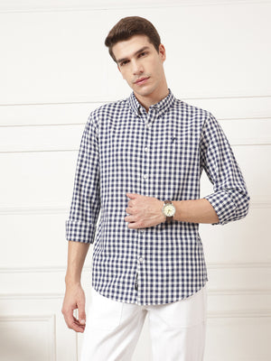 Navy Premium Regular Fit Gingham Checks Cotton Linen Shirt For Men