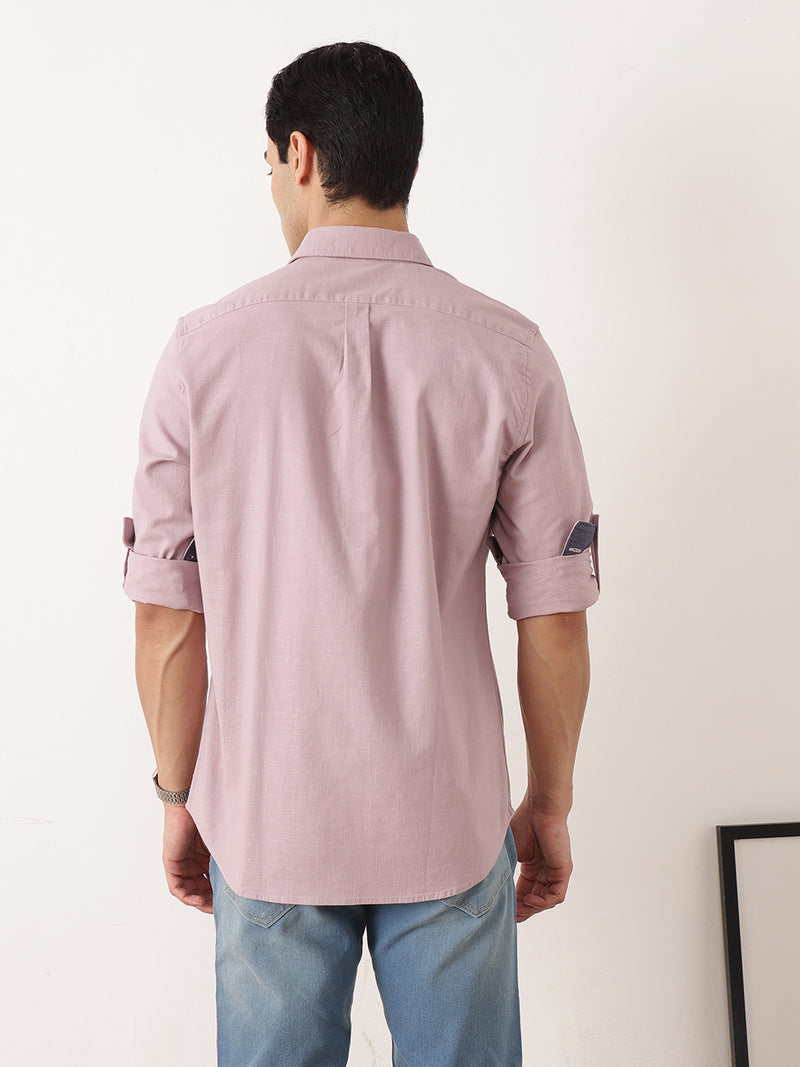 Thomas Scott Men Lilac Premium Slim Fit Long Roll-Up Sleeves Spread Collar Solid Cotton Casual Shirt with Flap Pockets
