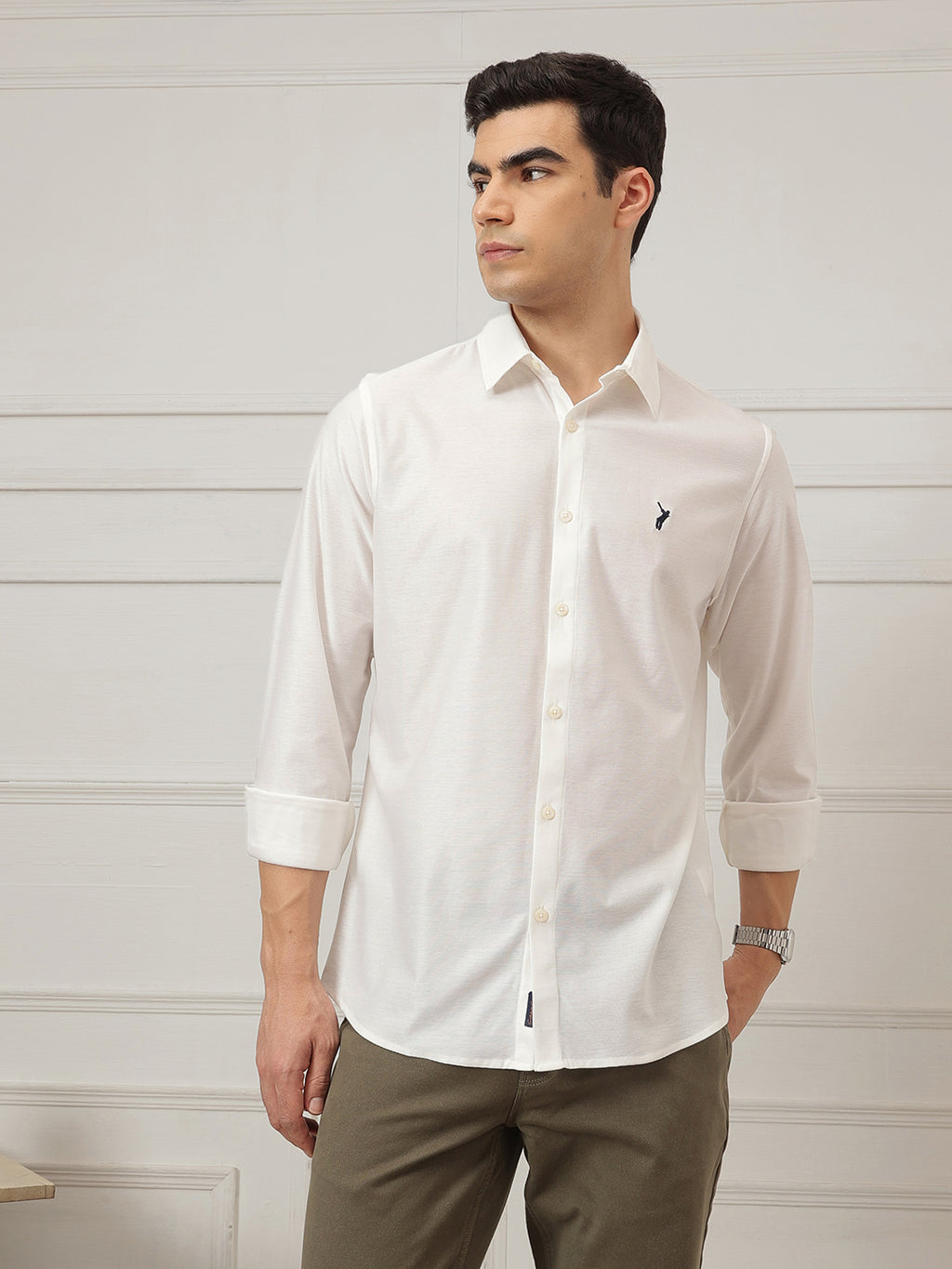 Off White Premium Regular Fit Long Sleeves Spread Collar Solid Knitted Casual Shirt For Men