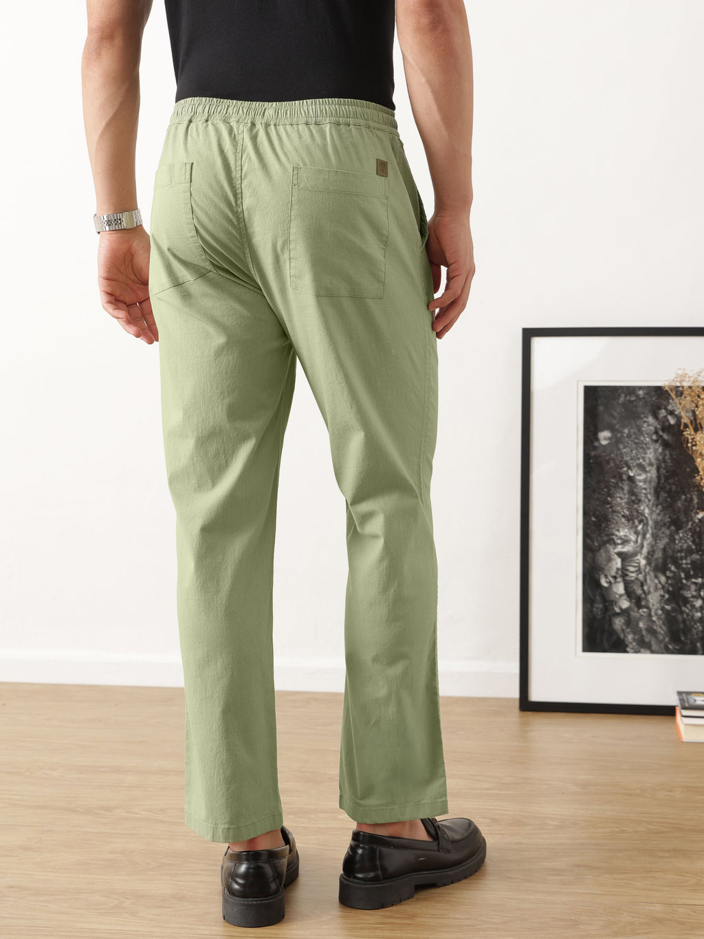 Thomas Scott Men Smart Olive Regular Fit Mid-Rise Solid Woven Cotton Linen Trouser