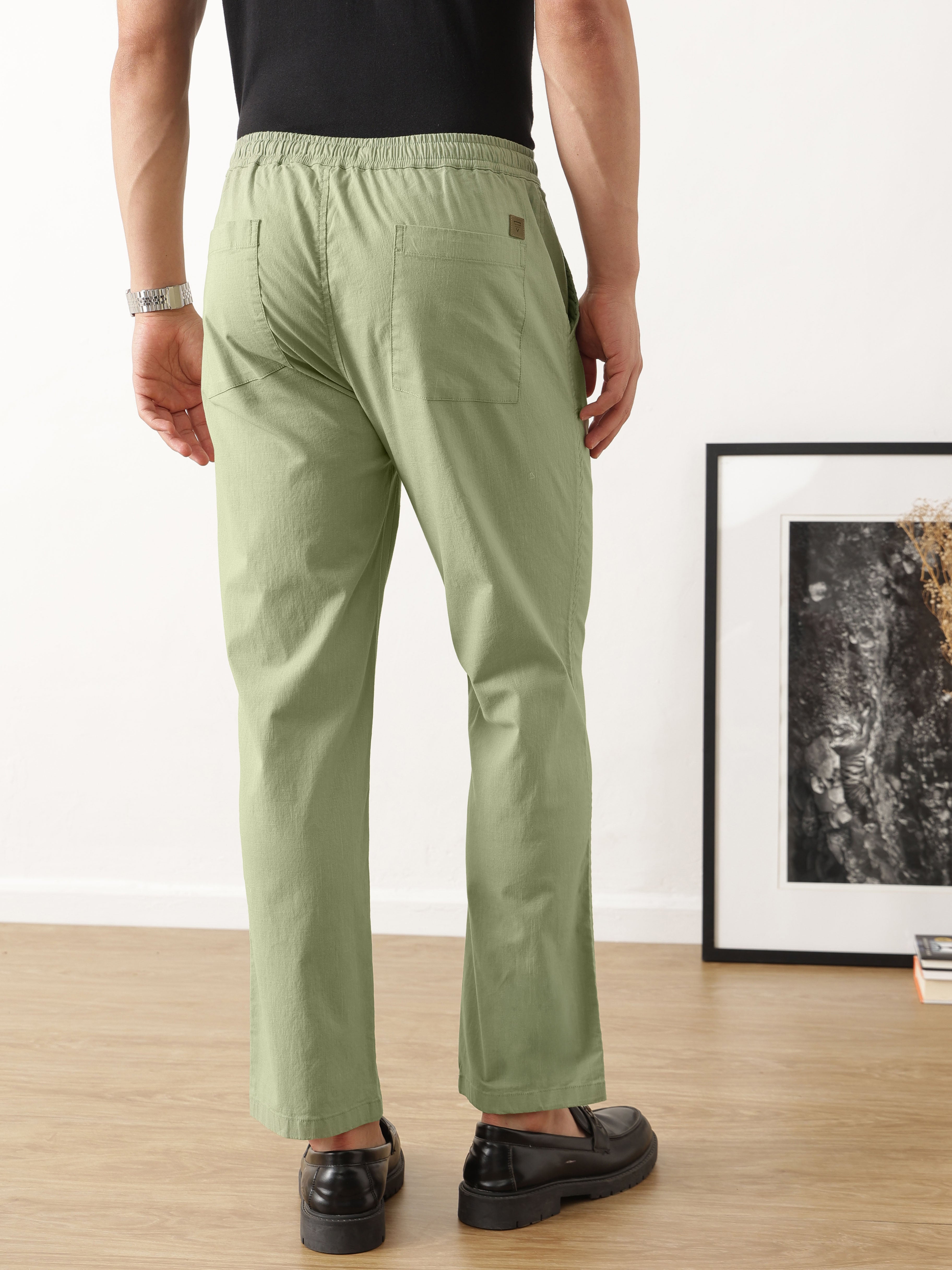 Thomas Scott Men Smart Olive Regular Fit Mid-Rise Solid Woven Cotton Linen Trouser
