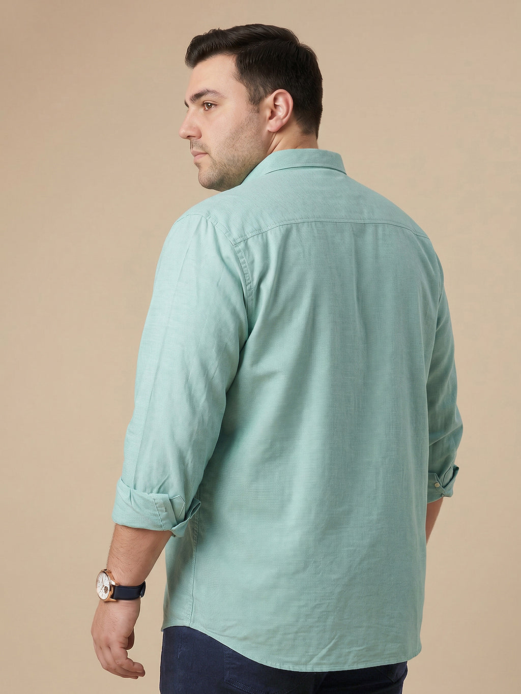 Thomas Scott Men Premium Green Plus Size Regular Fit Long Sleeves Button-Down Collar Solid Cotton Casual Shirt