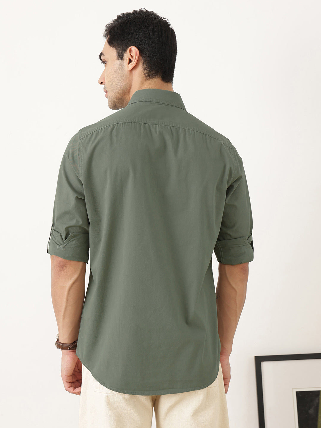 Thomas Scott Men Premium Mint Slim Fit Long Roll-Up Sleeves Spread Collar Solid Cotton Casual Shirts
