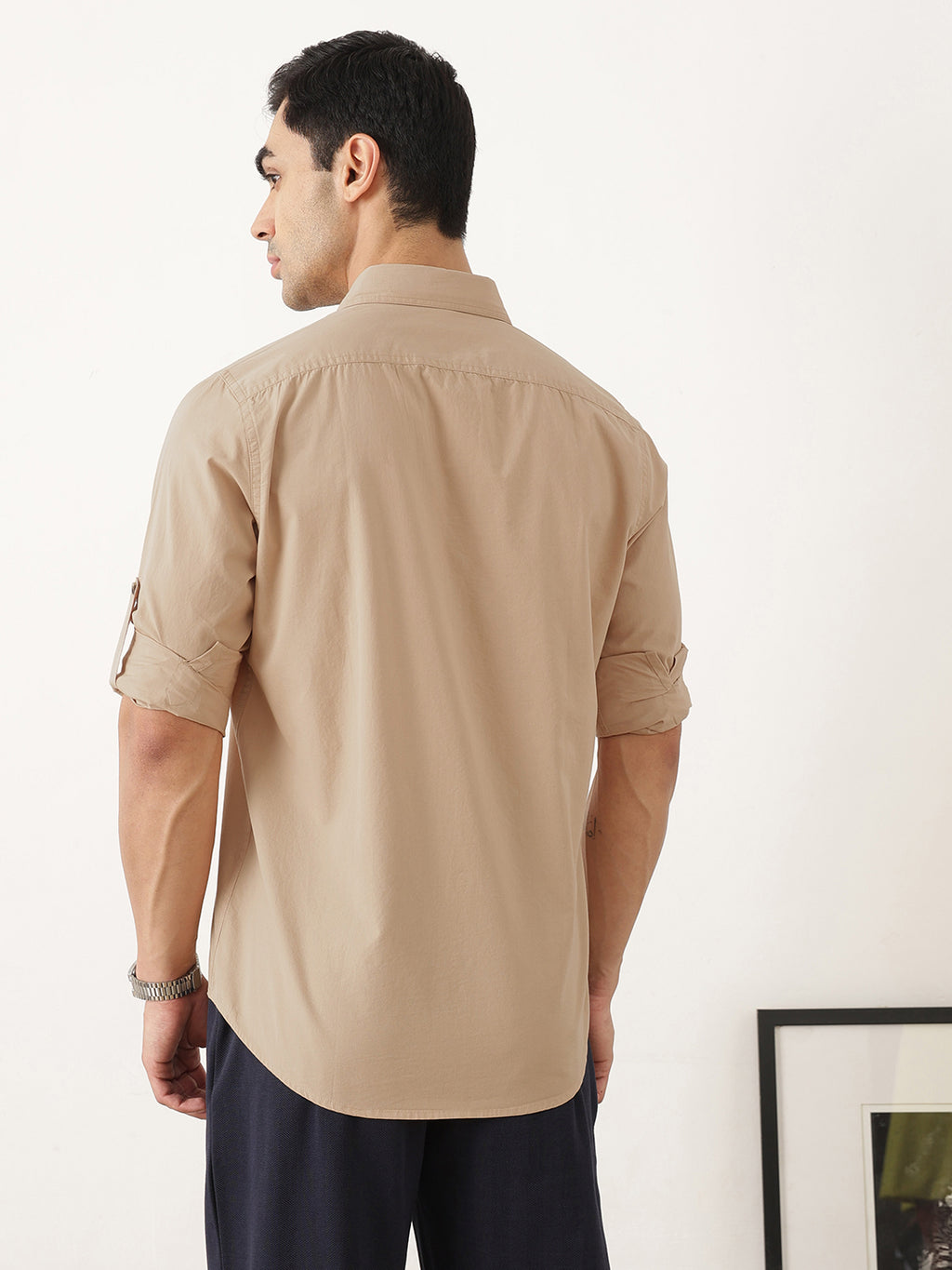 Thomas Scott Men Premium Khaki Slim Fit Long Roll-Up Sleeves Spread Collar Solid Cotton Casual Shirts