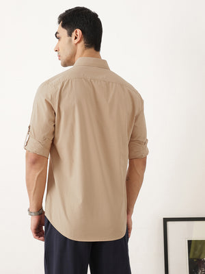 Thomas Scott Men Premium Khaki Slim Fit Long Roll-Up Sleeves Spread Collar Solid Cotton Casual Shirts