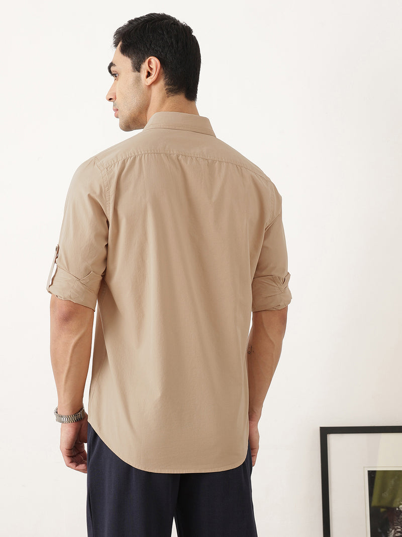 Thomas Scott Men Premium Khaki Slim Fit Long Roll-Up Sleeves Spread Collar Solid Cotton Casual Shirts