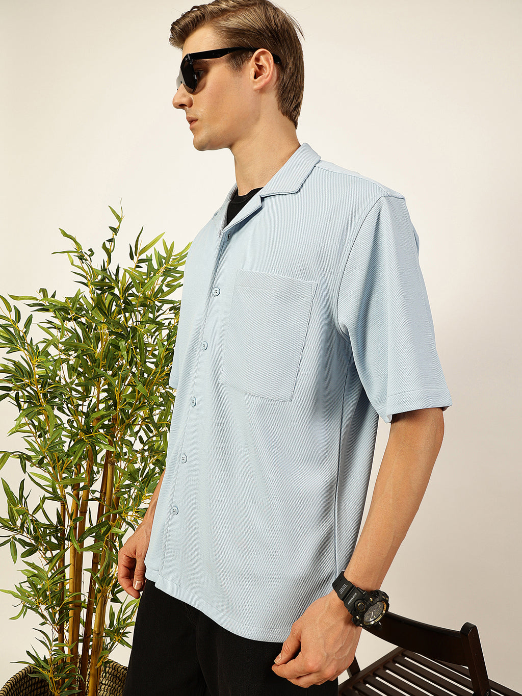 Thomas Scott Men Sky Blue Premium Short Sleeves Regular Fit Cuban Collar Textured Cotton Twill Shirt
