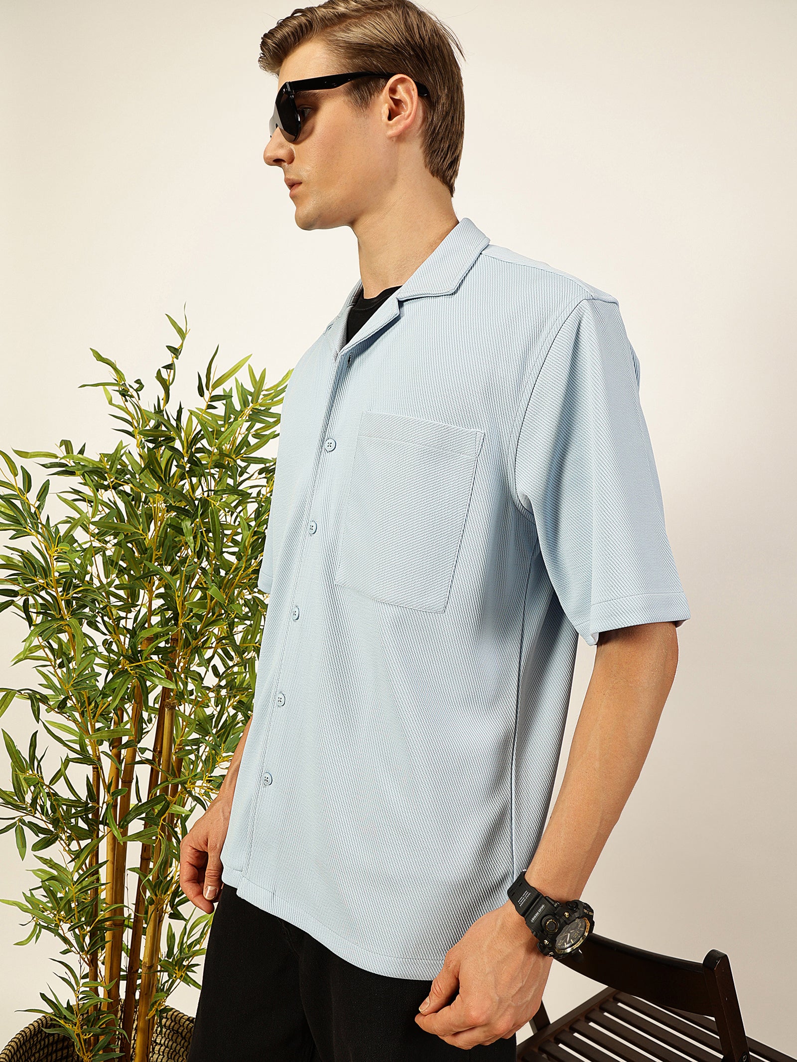 Thomas Scott Men Sky Blue Premium Short Sleeves Regular Fit Cuban Collar Textured Cotton Twill Shirt
