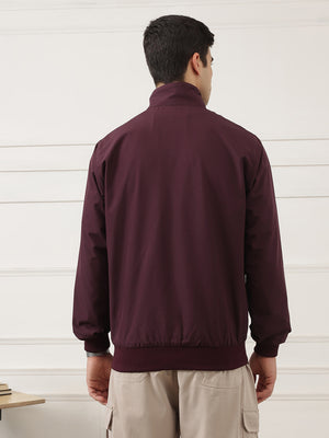 Burgundy Regular Fit Solid Full Sleeves Stand Collar Zip-Front Casual Bomber Jacket For Men