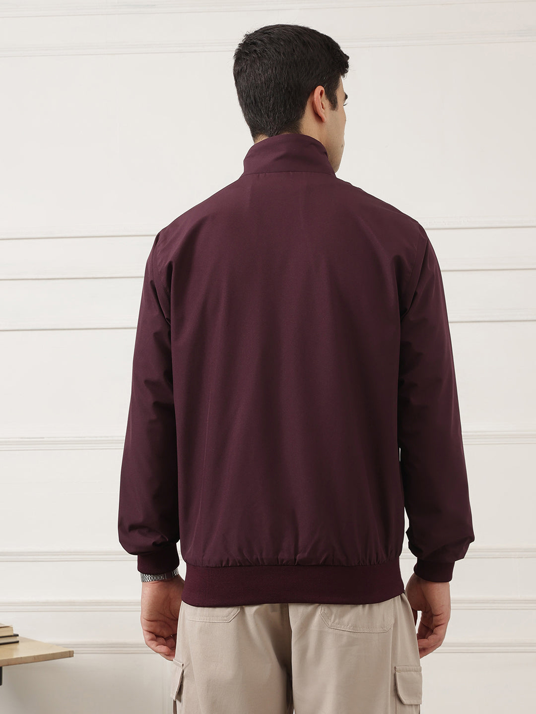 Burgundy Regular Fit Solid Full Sleeves Stand Collar Zip-Front Casual Bomber Jacket For Men
