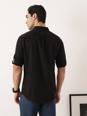 Thomas Scott Men Black  Premium Regular Fit Long Roll-Up Sleeves Mandarin Collar Solid Cotton Casual Shirts