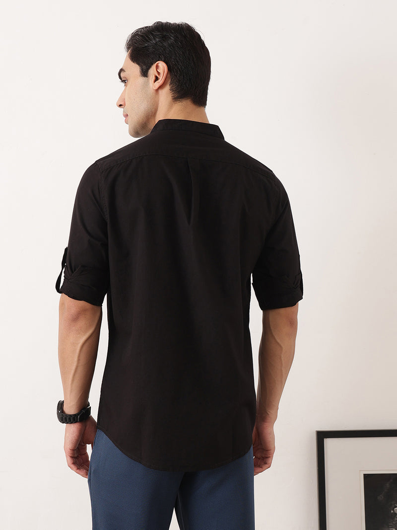 Thomas Scott Men Black  Premium Regular Fit Long Roll-Up Sleeves Mandarin Collar Solid Cotton Casual Shirts