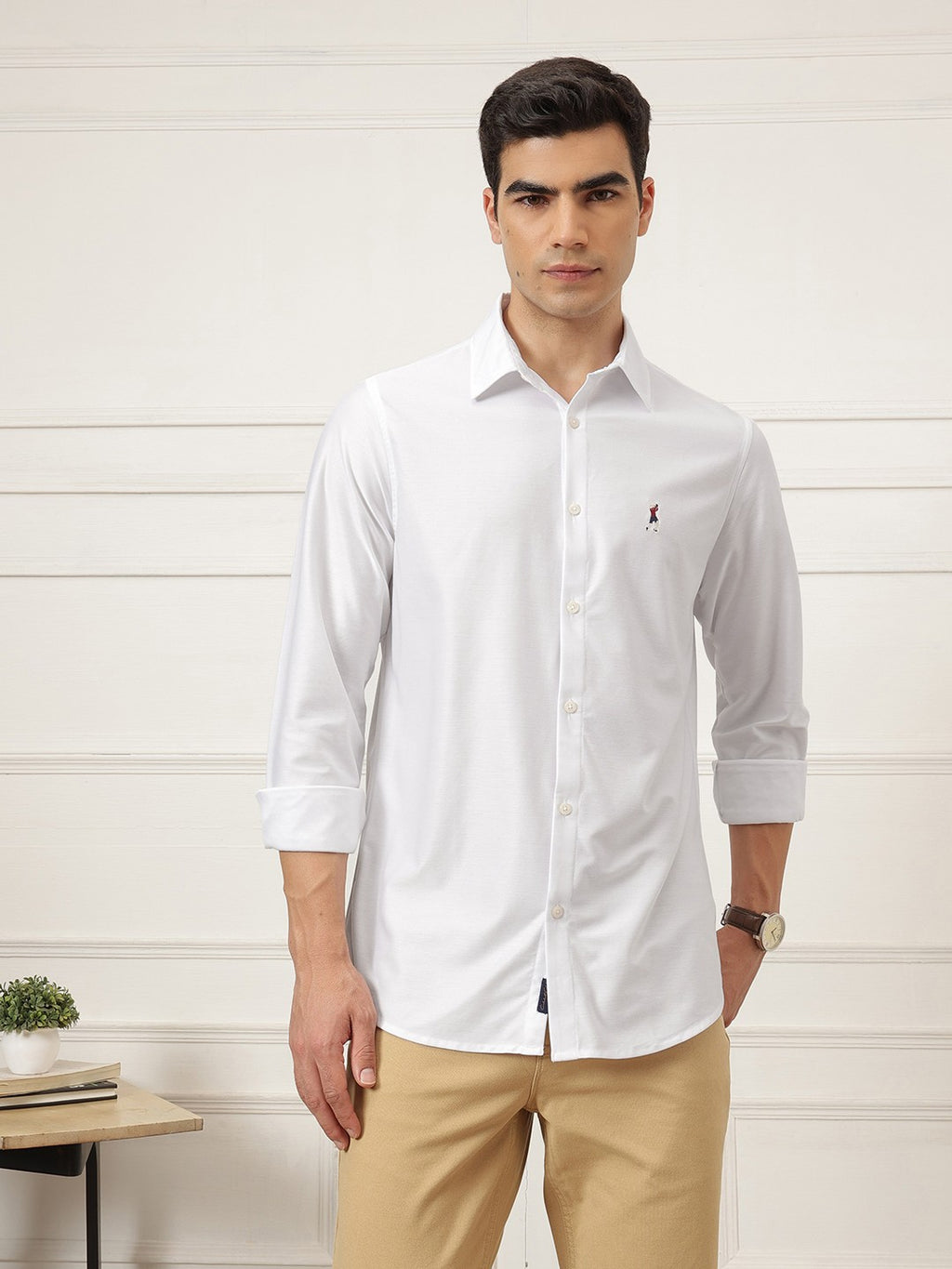White Premium Regular Fit Long Sleeves Spread Collar Solid Knitted Casual Shirt For Men