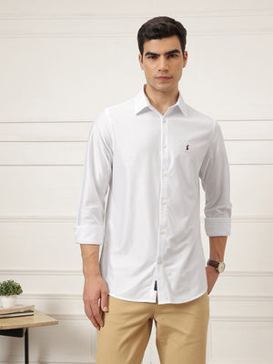 White Premium Regular Fit Long Sleeves Spread Collar Solid Knitted Casual Shirt For Men