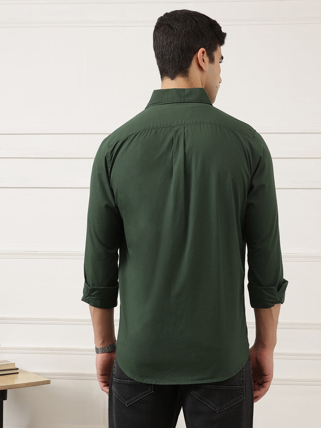 Olive Premium Regular Fit Long Sleeves Spread Collar Solid Cotton Casual Shirt For Men