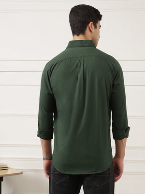Olive Premium Regular Fit Long Sleeves Spread Collar Solid Cotton Casual Shirt For Men