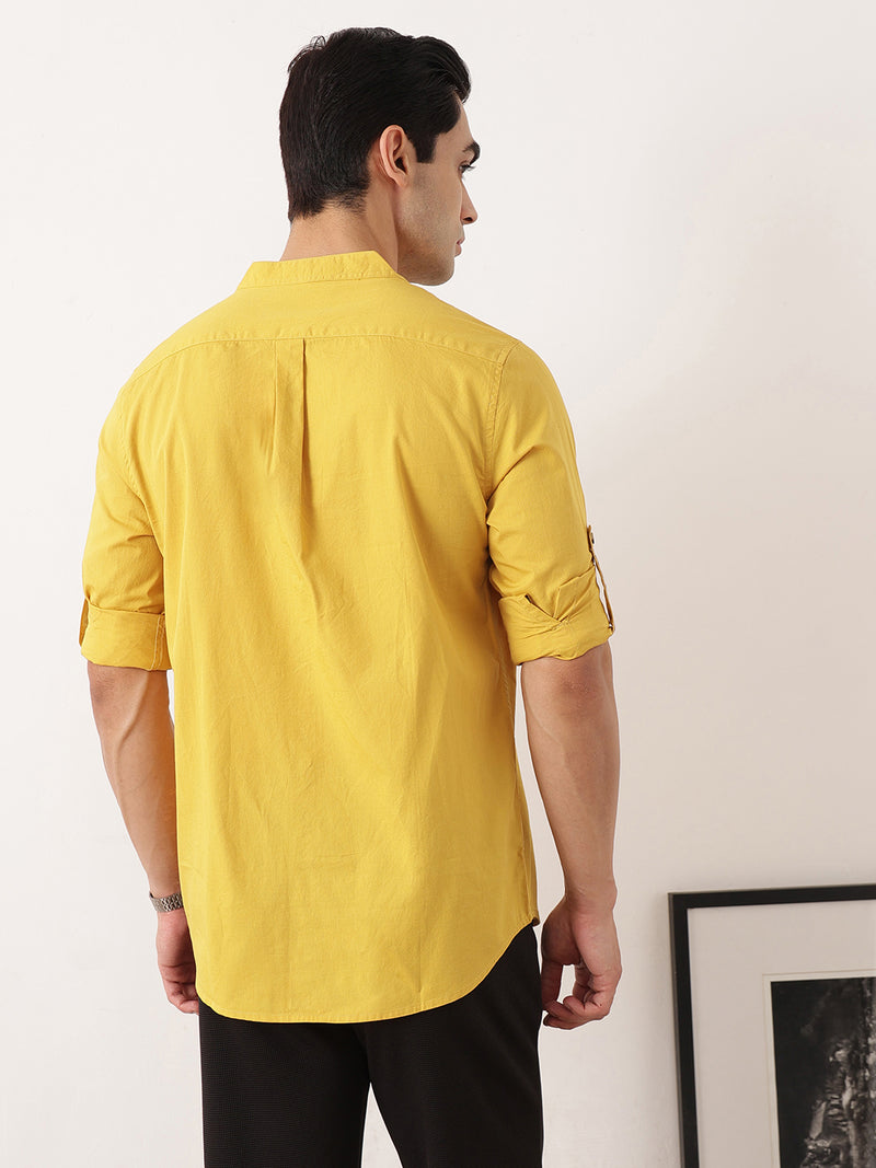 Thomas Scott Men Yellow Premium Regular Fit Long Roll-Up Sleeves Mandarin Collar Solid Cotton Casual Shirts