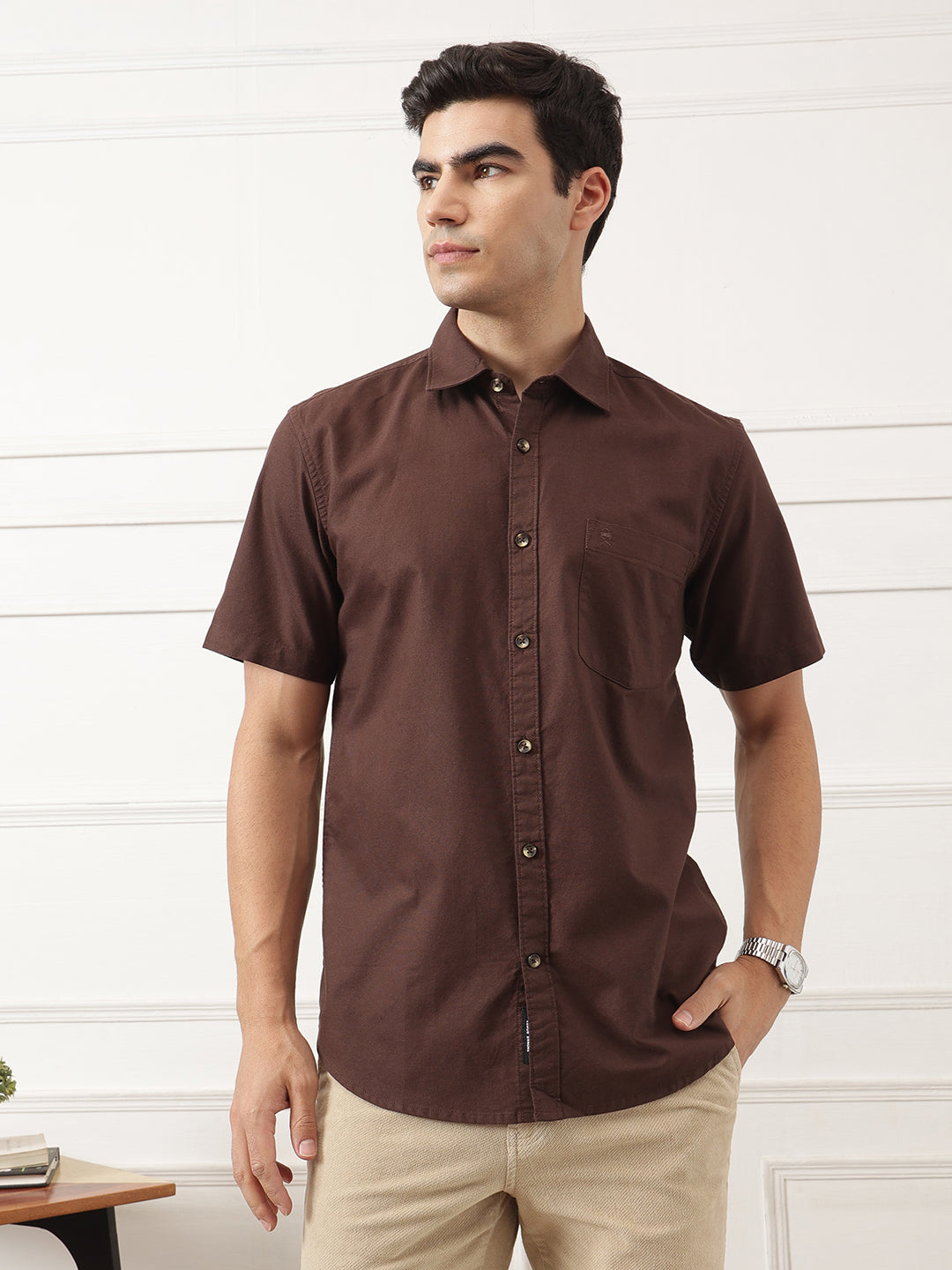 Coffee Regular Fit Short Sleeve Spread Collar Solid Oxford Cotton Casual Shirt For Men