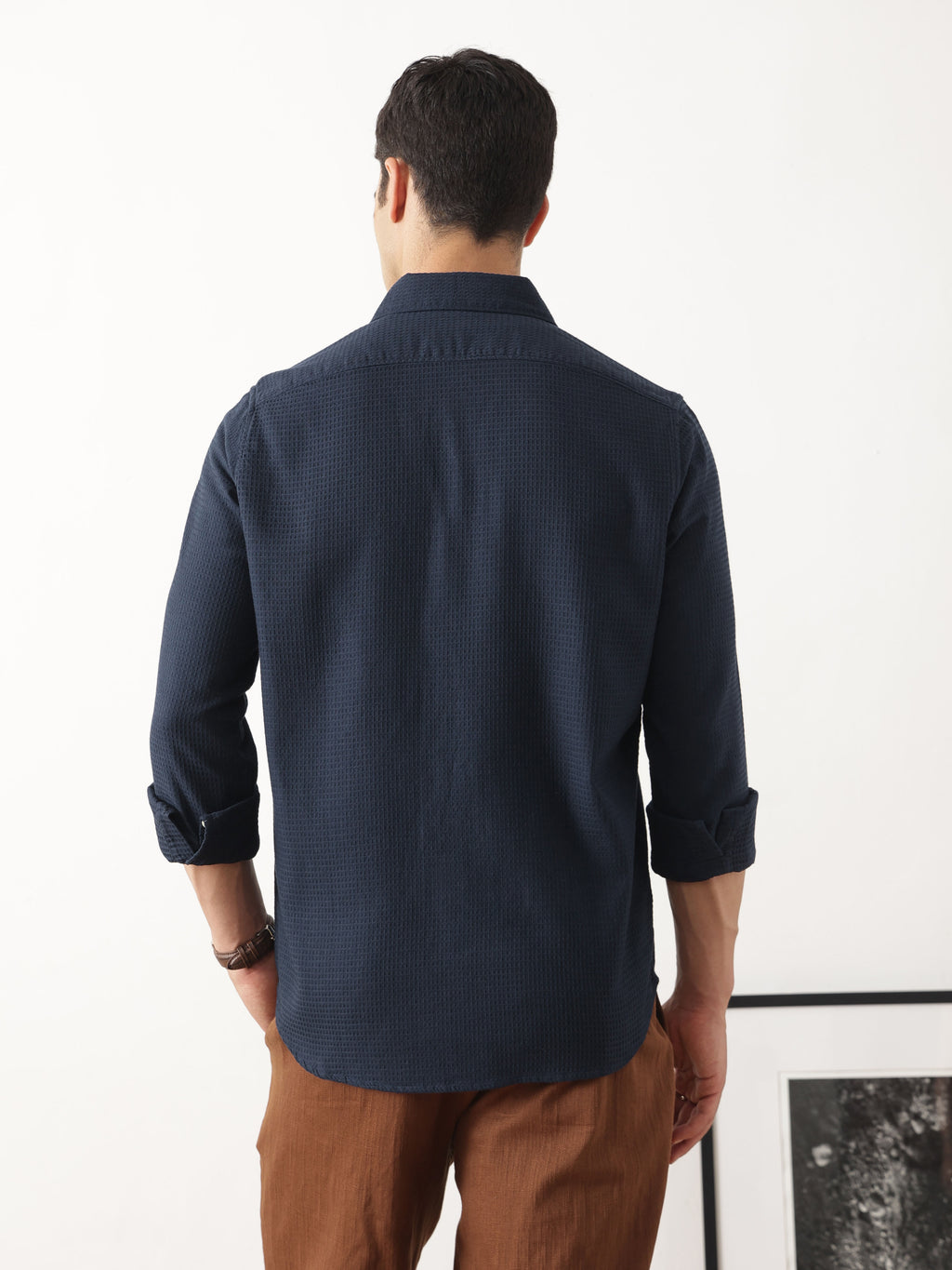 Thomas Scott Men Premium Navy Blue Regular Fit Long Sleeves Spread Collar Textured Casual Shirt