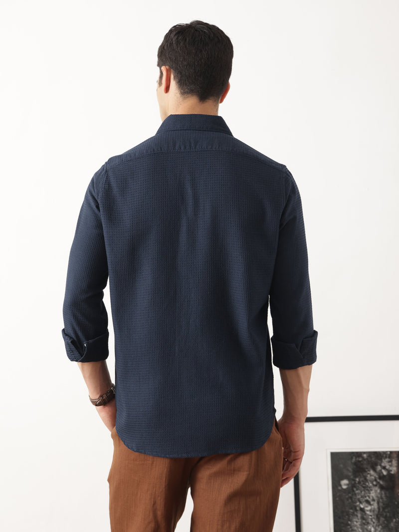Thomas Scott Men Premium Navy Blue Regular Fit Long Sleeves Spread Collar Textured Casual Shirt