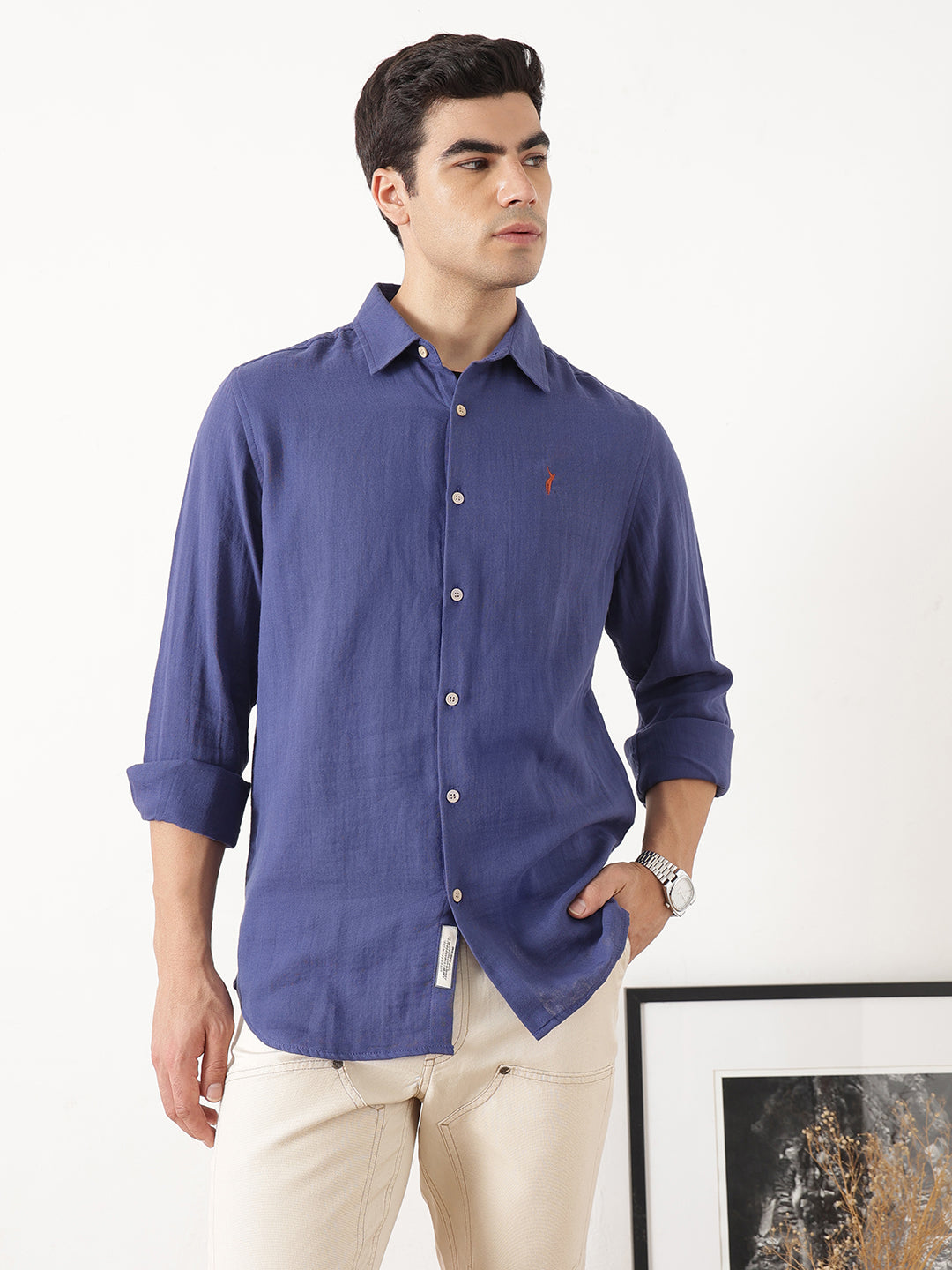 Royal Blue Premium Regular Fit Long Sleeves Spread Collar Solid Cotton Casual Shirt For Men