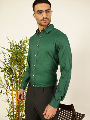 Thomas Scott Men Green Premium Slim Fit Long Sleeves Spread Collar Solid 100% Cotton Formal Shirt
