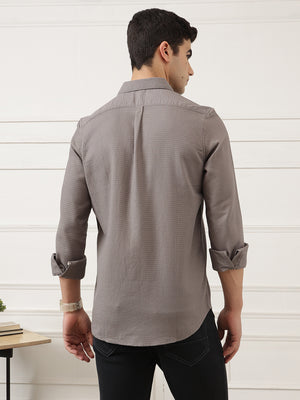 Grey Premium Regular Fit Long Sleeves Spread Collar Textured Cotton Casual Shirt For Men