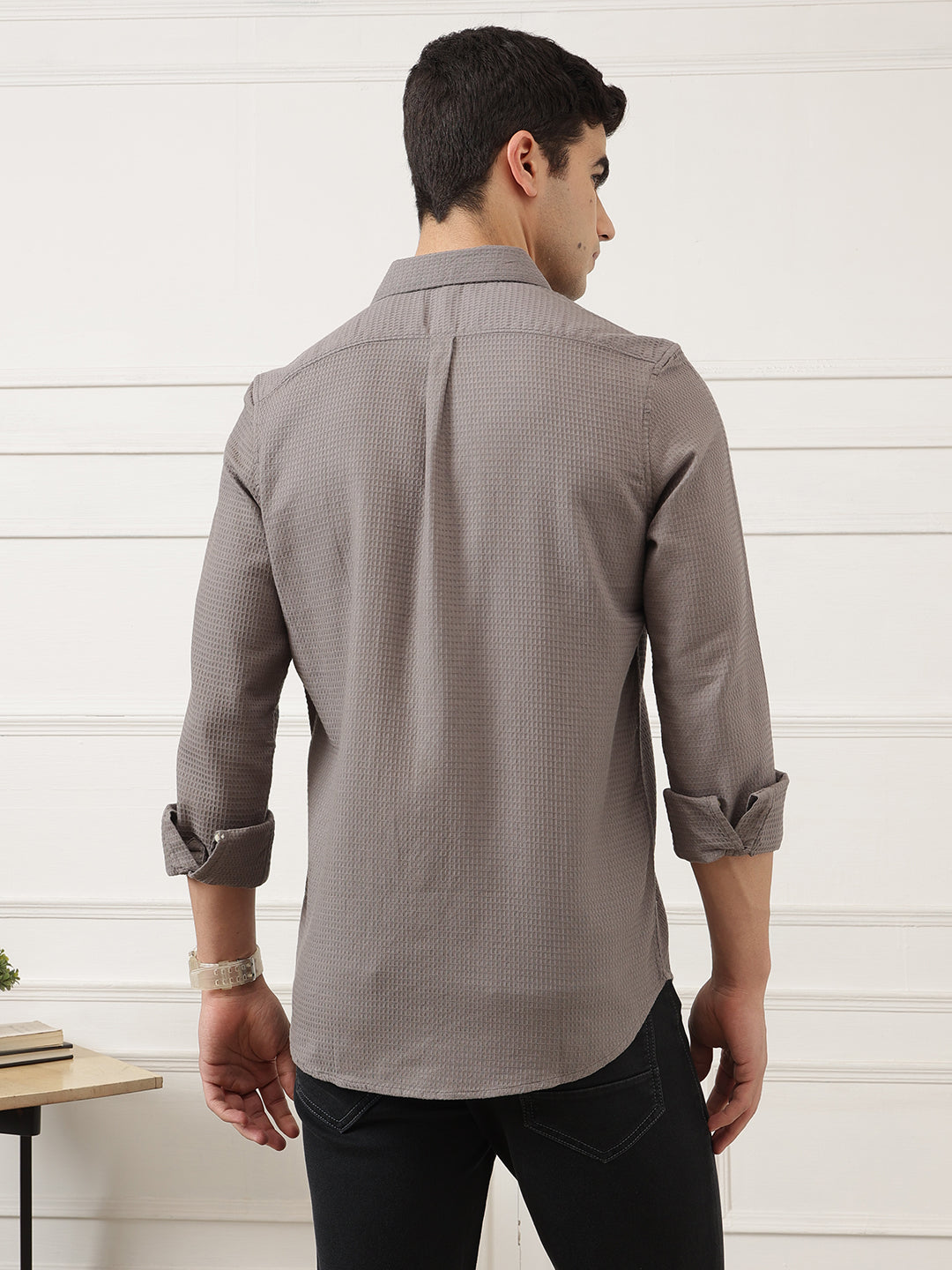 Grey Premium Regular Fit Long Sleeves Spread Collar Textured Cotton Casual Shirt For Men