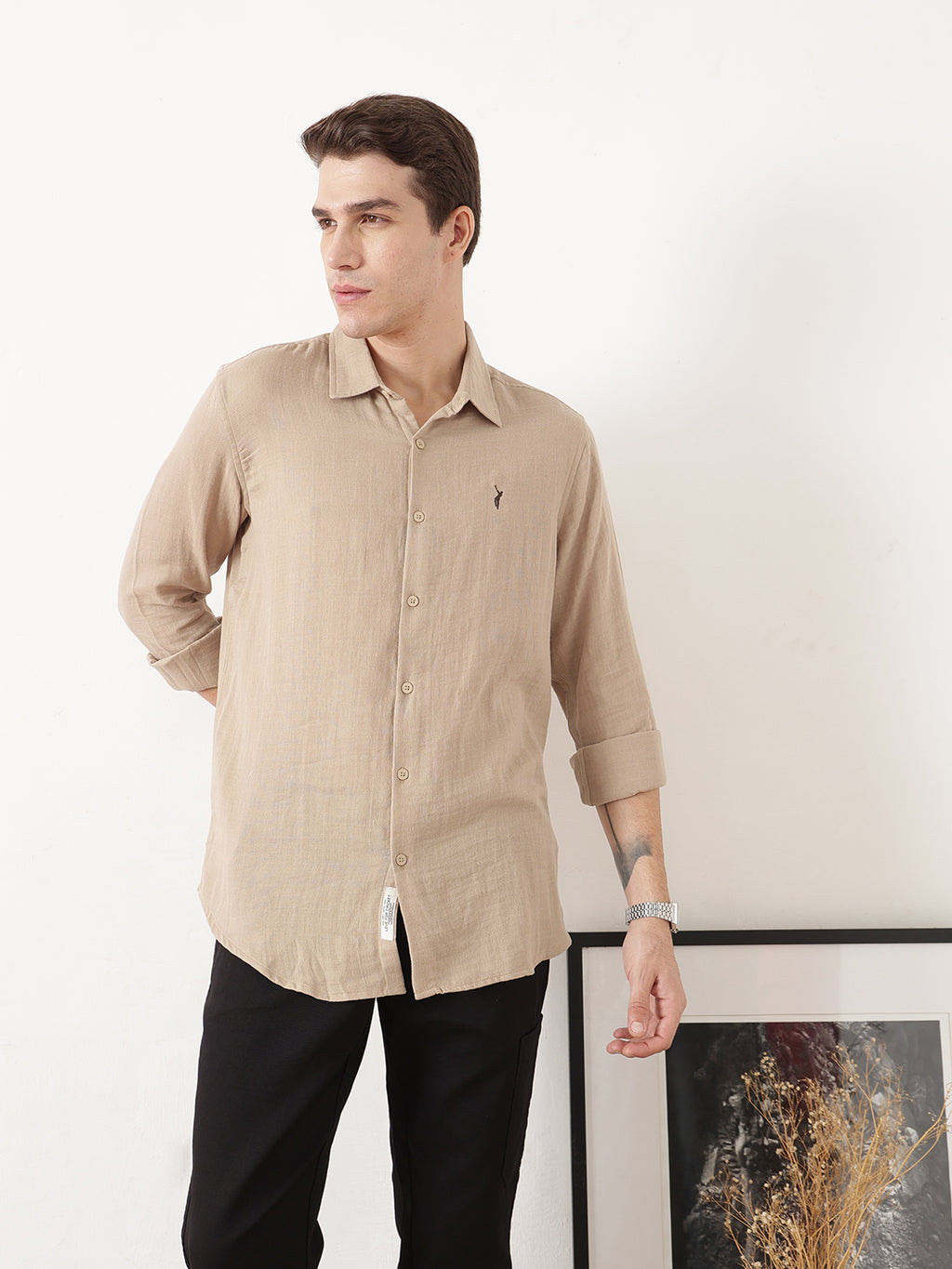 Beige Premium Regular Fit Long Sleeves Spread Collar Solid Cotton Casual Shirt For Men