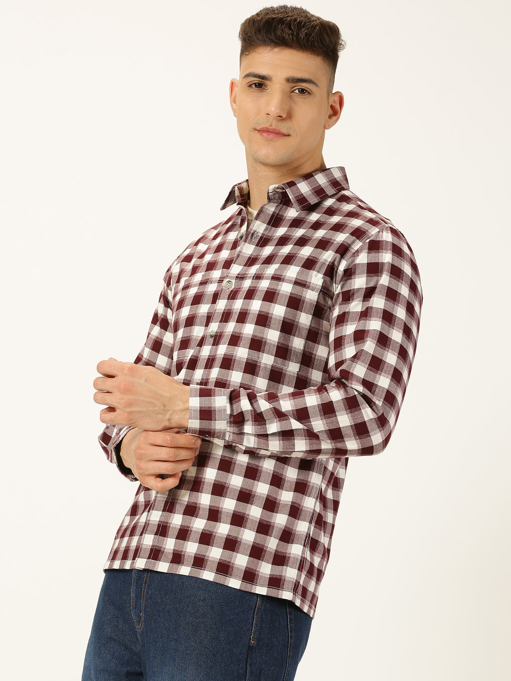 Thomas Scott Men Maroon Standard Long Sleeves Regular Fit Spread Collar Gingham Checked Cotton Casual Shirt