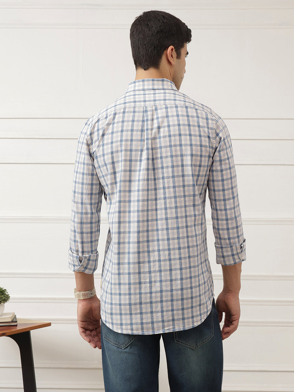 Mid Blue Premium Slim Fit Graphic Checked Cotton Linen Casual Shirt For Men