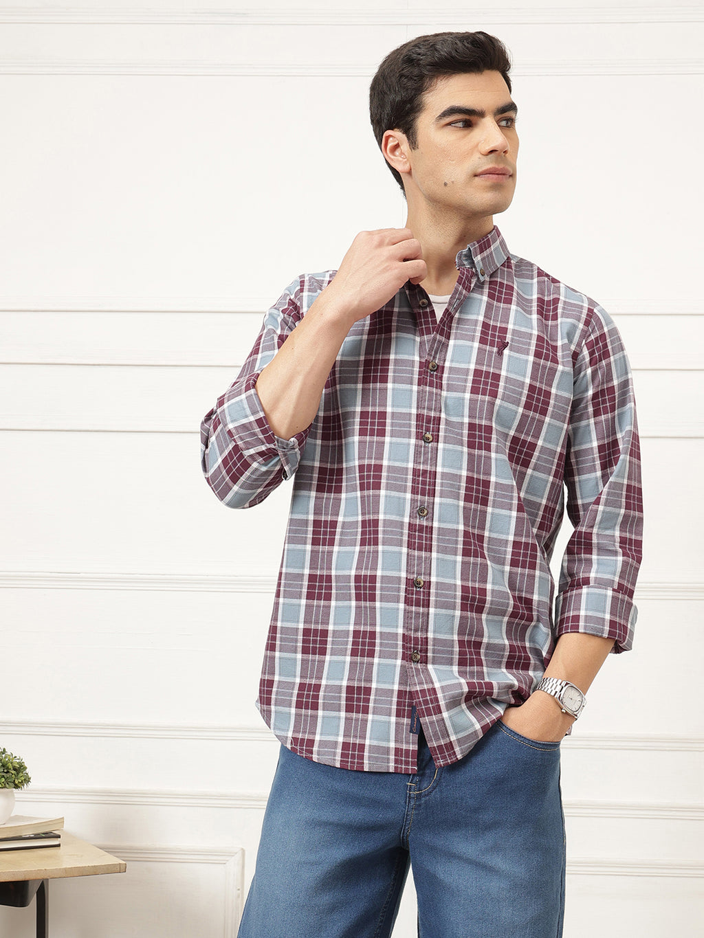 Maroon Premium Regular Fit Tartan Checks Cotton Oxford Shirt For Men