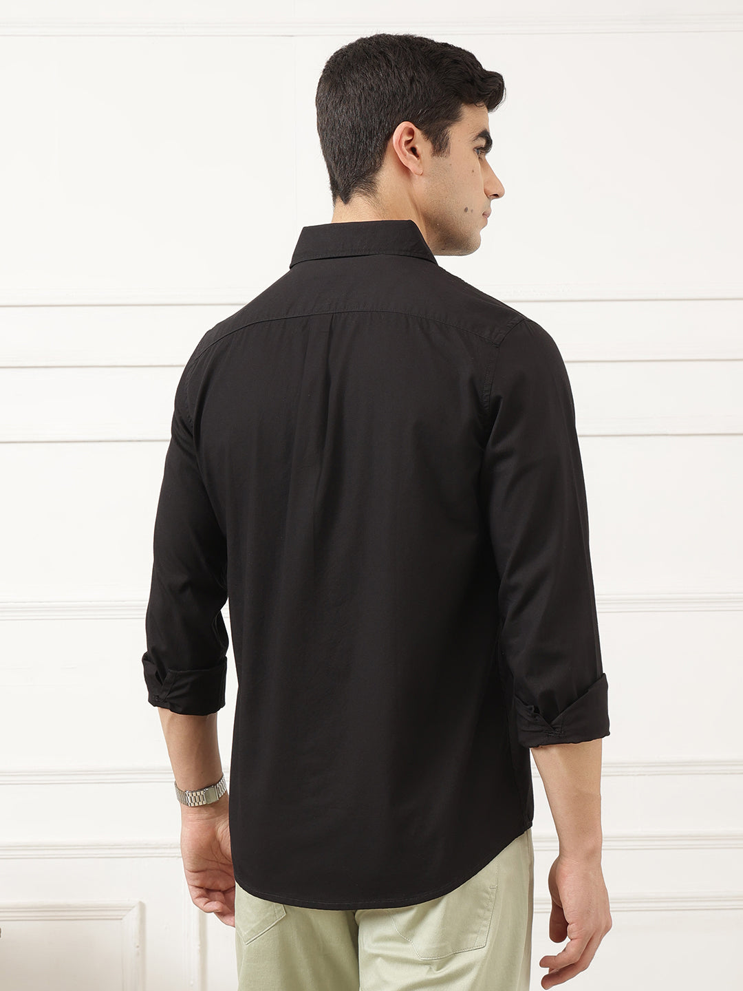 Black Premium Regular Fit Long Sleeves Spread Collar Solid Cotton Casual Shirt For Men
