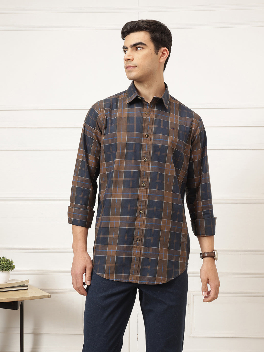 Brown Premium Regular Fit Tartan Checks Cotton Twill Shirt For Men