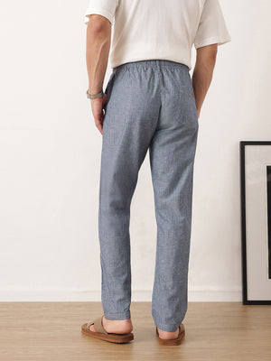 Thomas Scott Men Navy Smart Relaxed Fit Mid-Rise Solid Cotton Linen Pleated Casual Trousers