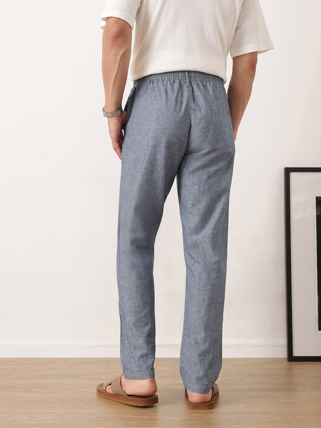 Thomas Scott Men Navy Smart Relaxed Fit Mid-Rise Solid Cotton Linen Pleated Casual Trousers
