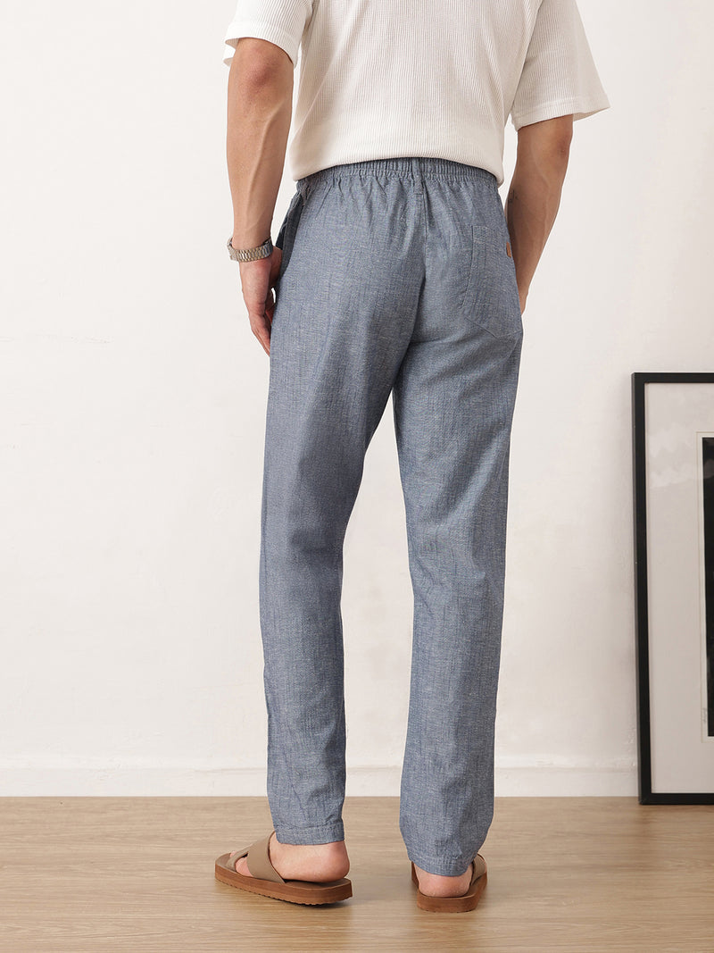 Thomas Scott Men Navy Smart Relaxed Fit Mid-Rise Solid Cotton Linen Pleated Casual Trousers