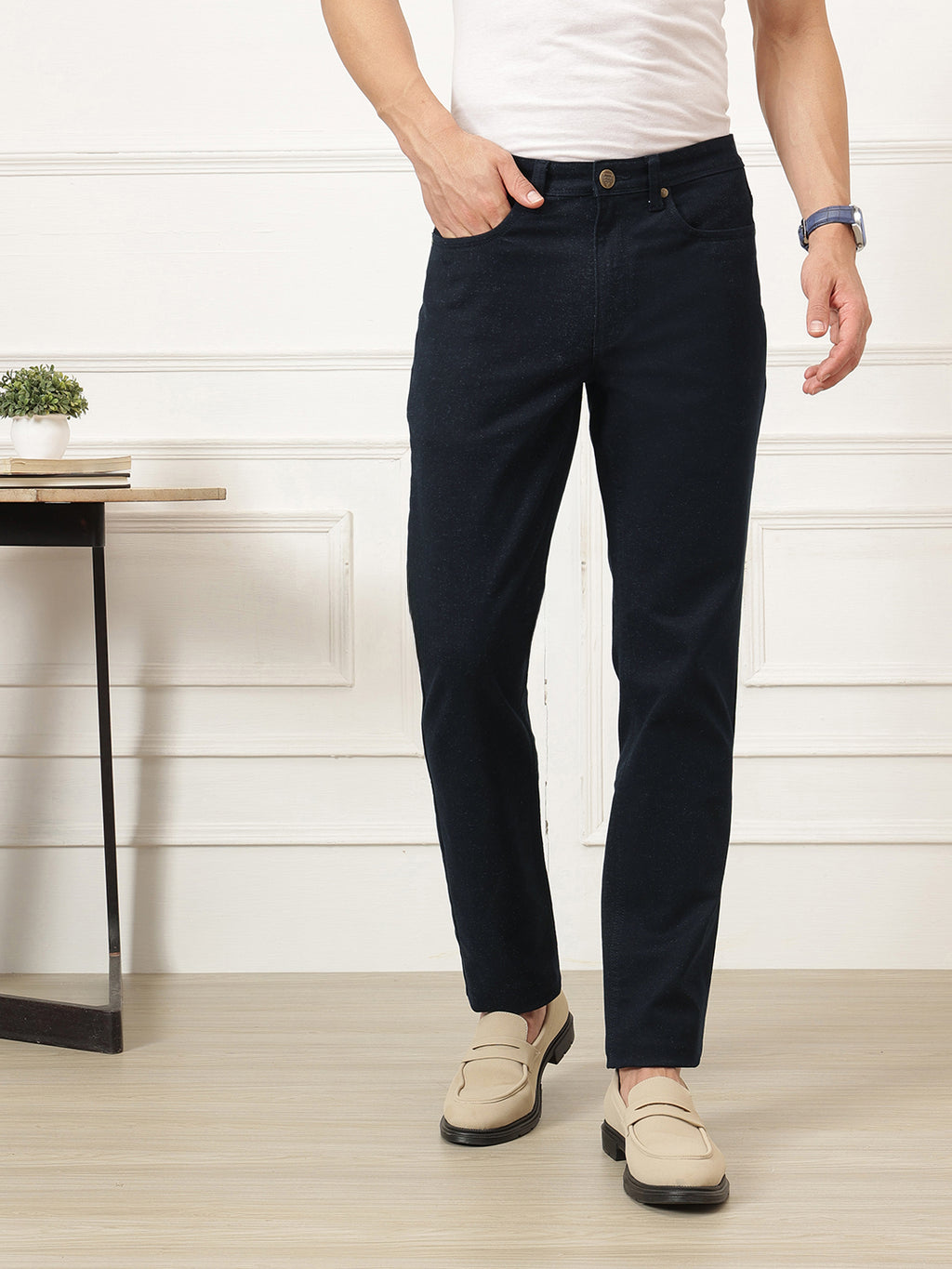 Black Smart Straight Fit Mid-Rise Solid Woven Trouser For Men
