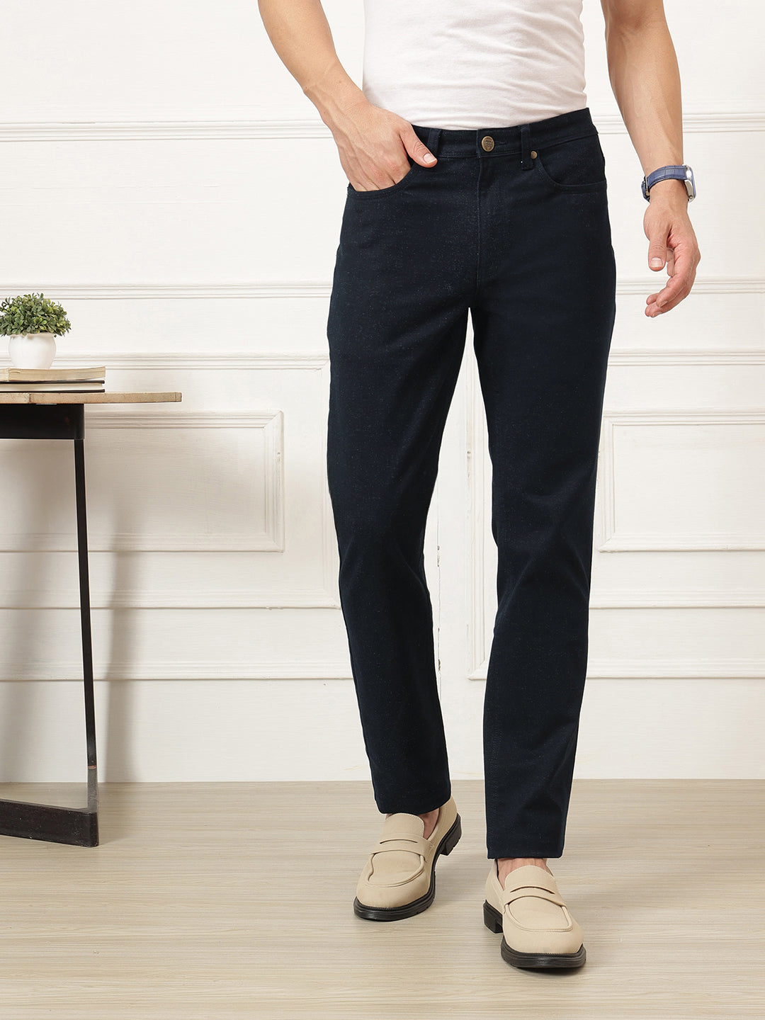 Black Smart Straight Fit Mid-Rise Solid Woven Trouser For Men