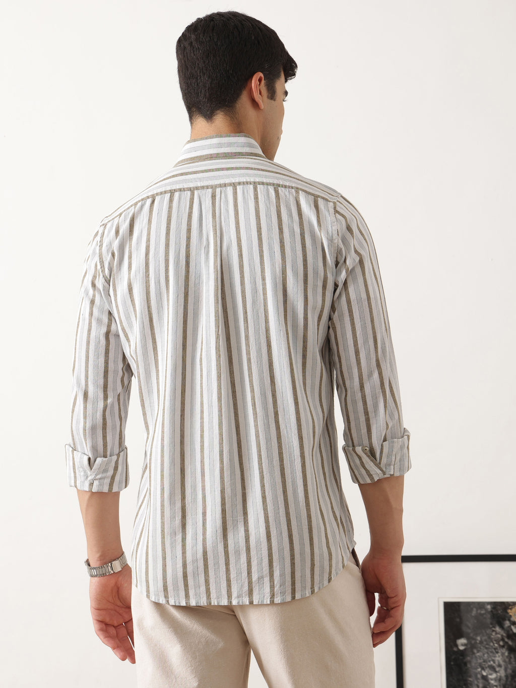Thomas Scott Men Premium White Slim Fit Long Sleeves Vertical Striped Cotton Linen Casual Shirt with Button Down Collar