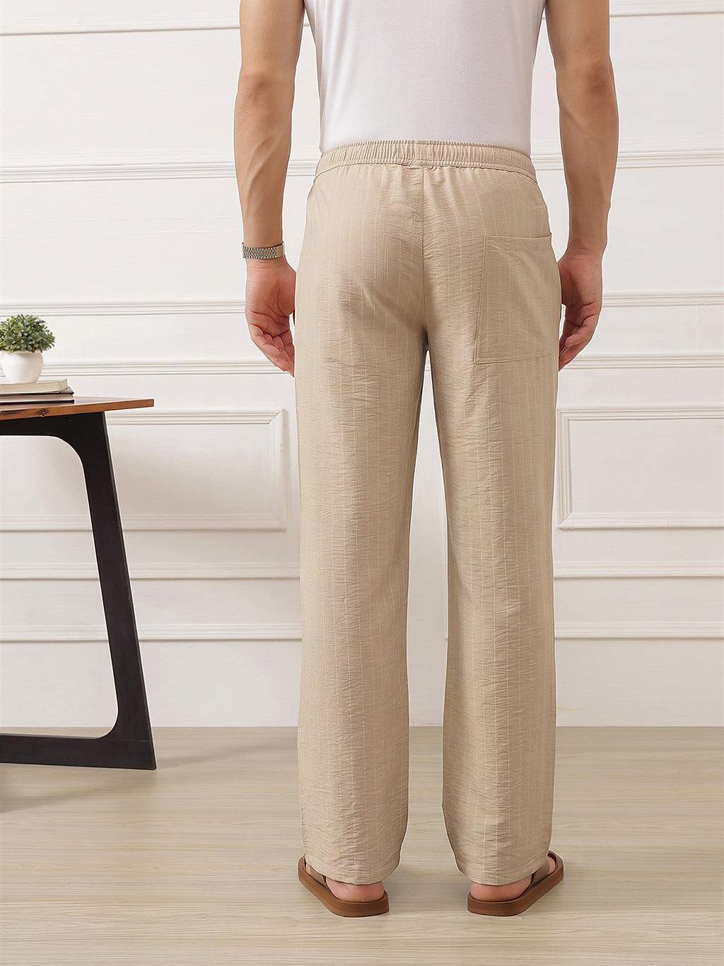 Thomas Scott Men Cream Smart Straight Fit Mid-Rise Pleated Woven Trouser