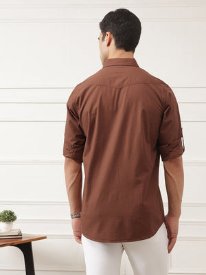 Rust Roll-Up Sleeve Regular Fit Spread Collar Textured Cotton Casual Shirt For Men