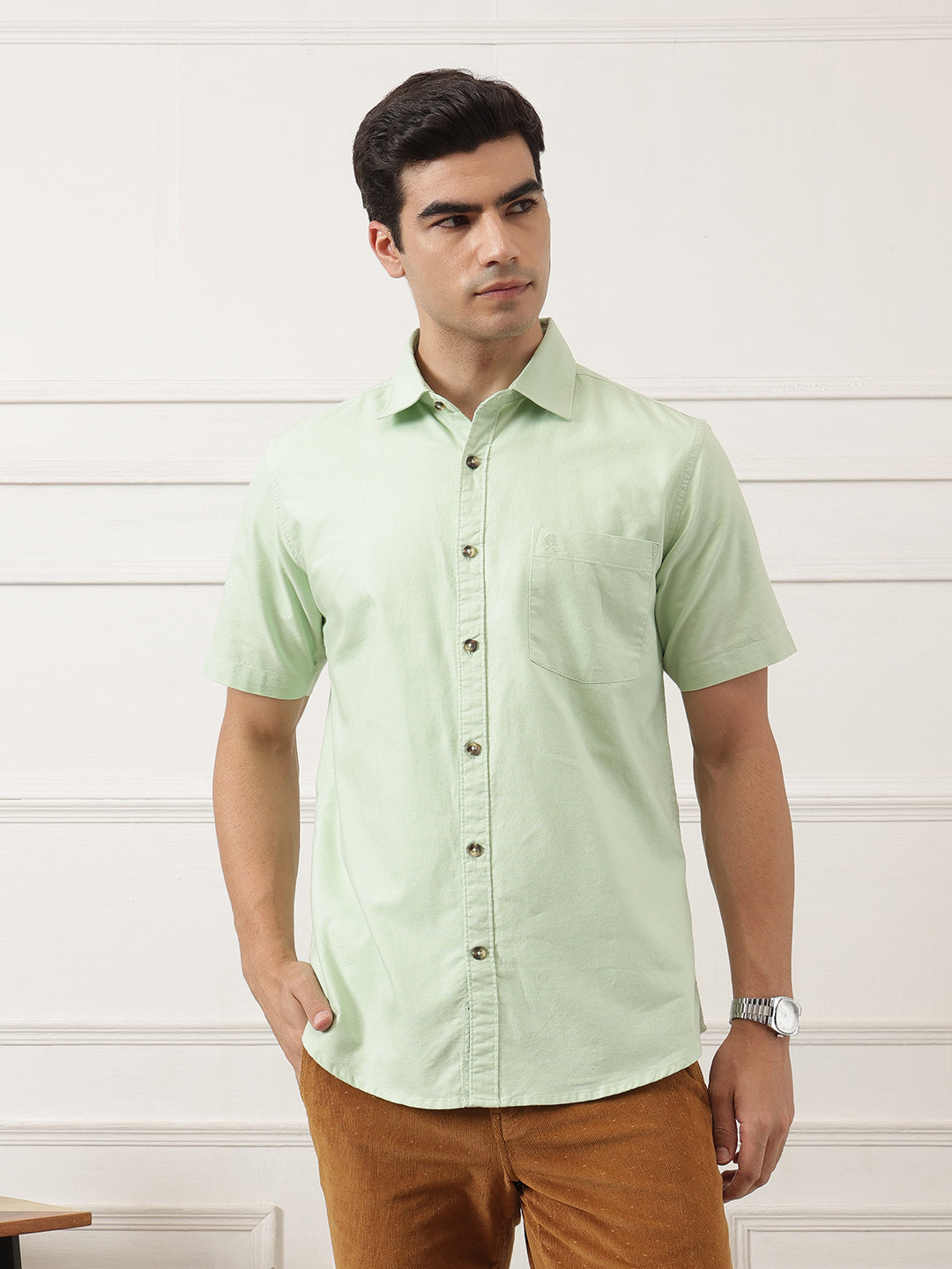 Pista Regular Fit Short Sleeve Spread Collar Solid Oxford Cotton Casual Shirt For Men