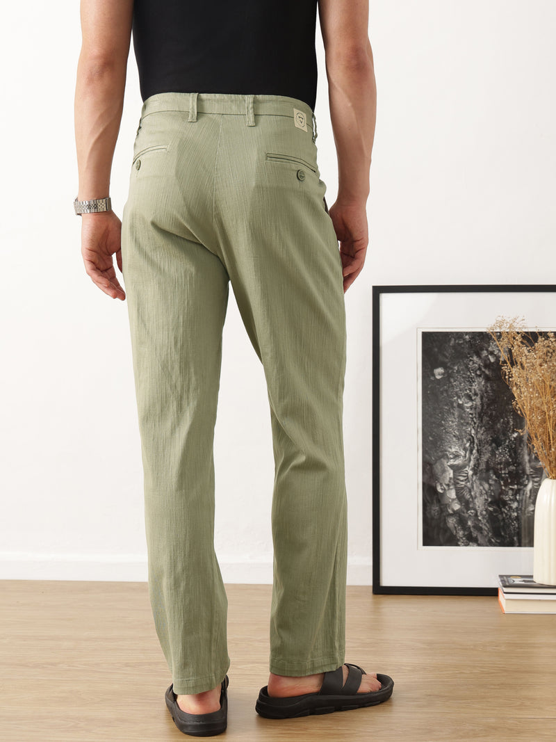 Thomas Scott Men Olive Smart Solid Regular Fit Woven Linen Pleated Trousers