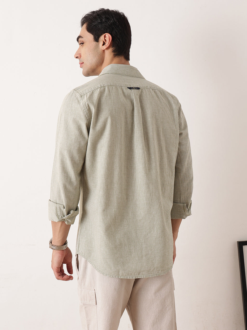 Thomas Scott Men Olive Premium Regular Fit Long Sleeves Spread Collar Gingham Checks Cotton Linen Casual Shirt