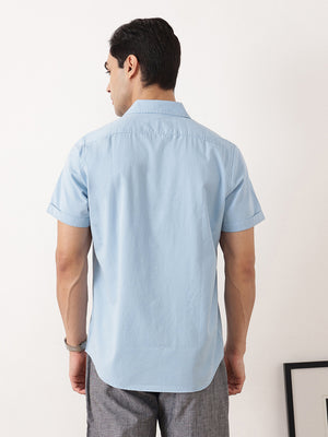 Thomas Scott Men Blue Premium Slim Fit Short Sleeves Spread Collar Solid Cotton Twill Casual Shirt
